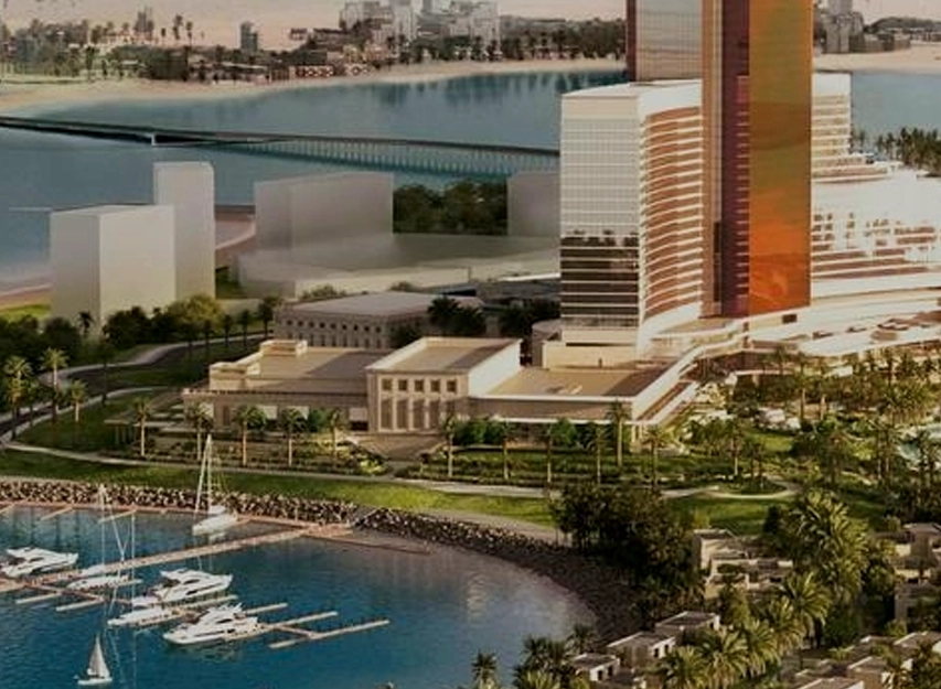 Rendering of a waterfront high-rise resort tower beside a marina with moored yachts