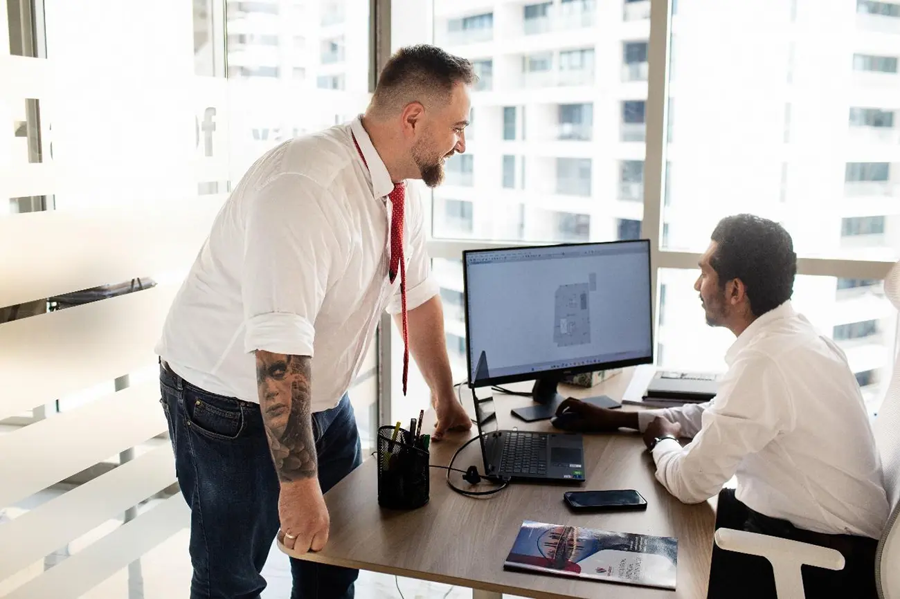 New Nordic structural engineers reviewing a design model on screen in the Dubai office