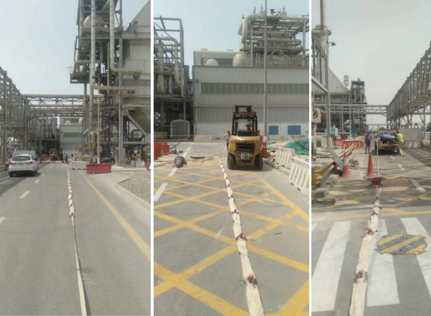 Three-panel view of a trench line being installed along a road inside an industrial plant